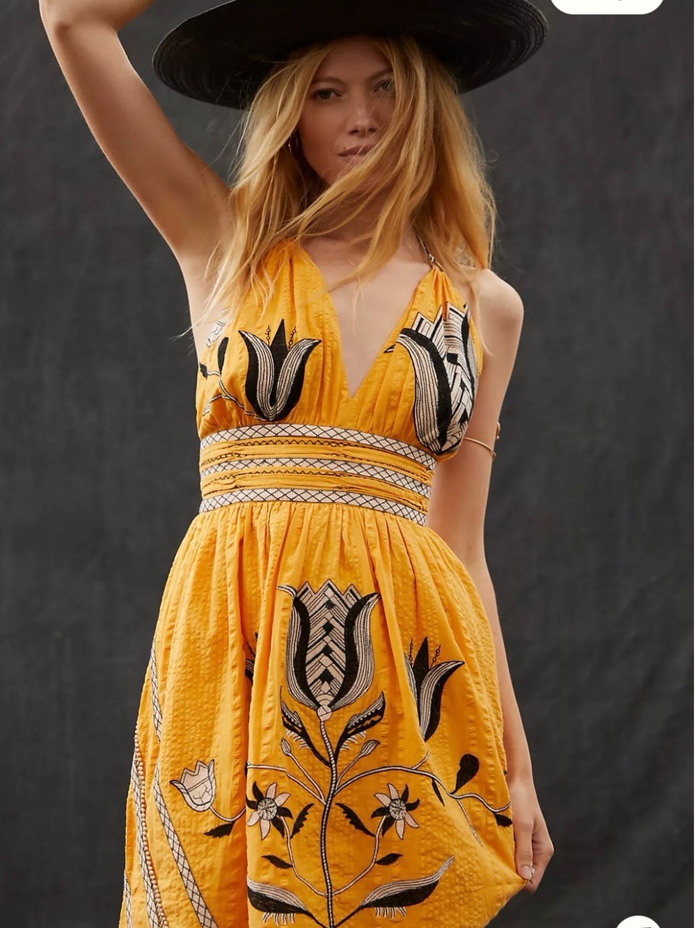 Let Me Be Yellow 100% Cotton Lined Halter Mini Dress Embroidered Tulip Details M